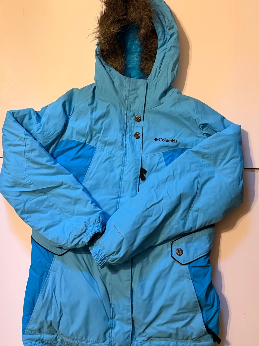 Columbia Kids Light Blue Hooded Puffer Jacket with Faux-Fur Trim